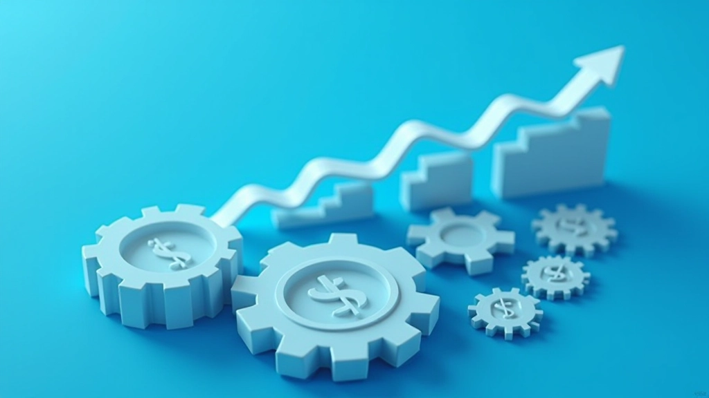 Abstraktes Finanzflussdiagramm mit Geldströmen und Zahnrädern, 3D-Visualisierung auf blauem Hintergrund