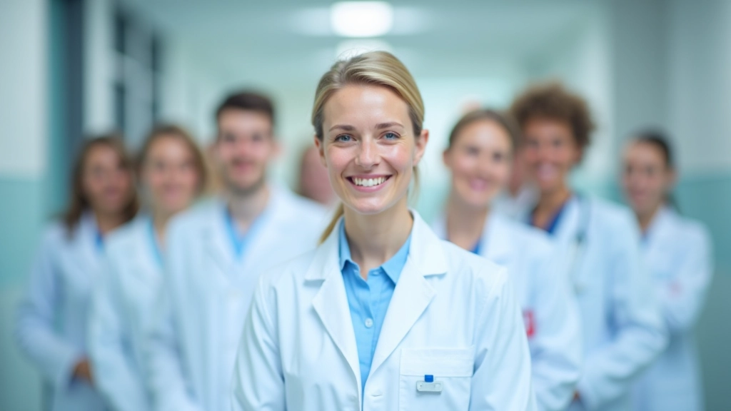 Diverse Gruppe von Ärzten und Pflegekräften in weißen Kitteln, lächelnd in modernem Krankenhausflur