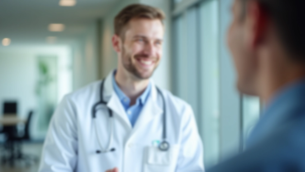 Patient spricht mit Arzt in moderner Klinik, beide haben freundliche Mimik und vertrauensvolle Körpersprache