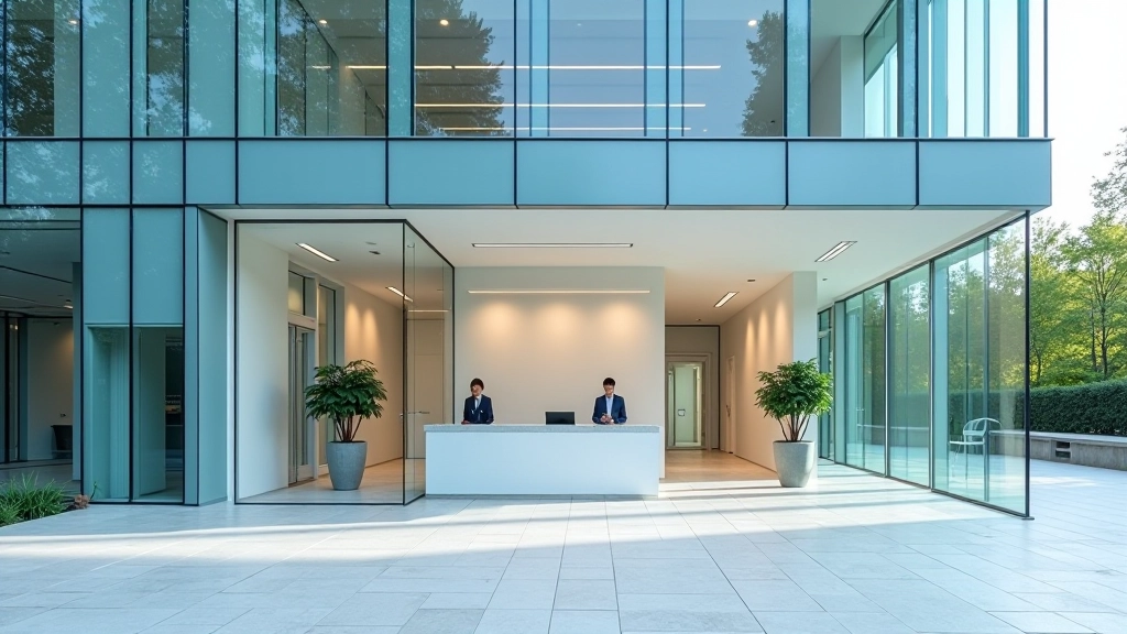 Moderne Krankenversicherungsgebäude mit gläserner Fassade und professionellem Empfangsbereich, Tageslicht