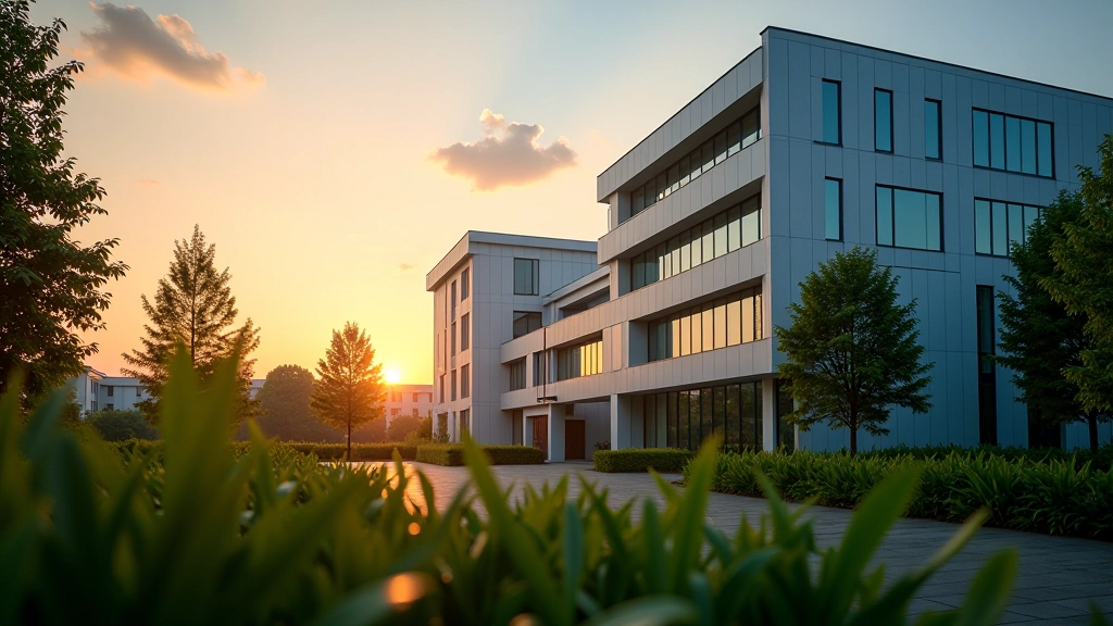 Modernes Krankenhaus mit futuristischer Architektur und grünen Pflanzen, Außenaufnahme bei Sonnenuntergang