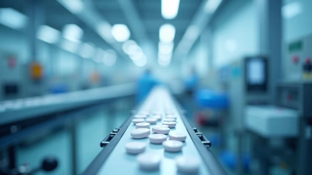 Moderne Pharmaproduktionslinie mit automatisierter Verpackungsanlage und roten Tabletten auf Förderband