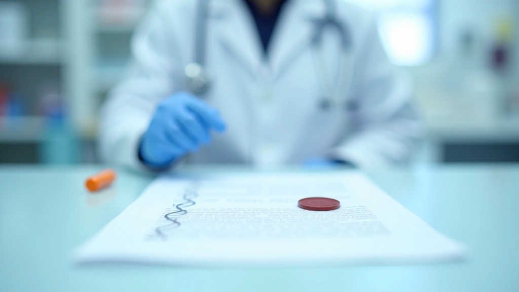 Patentdokument mit Unterschrift und Siegel neben Modell eines DNA-Strangs in Laborumgebung