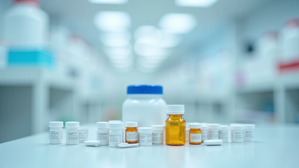 Pharmazeutische Flasche und Medikamentenpakete auf einer sauberen Laboroberfläche