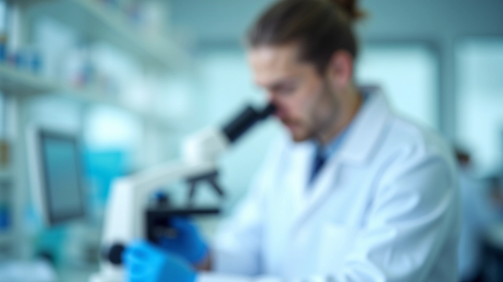 Wissenschaftler in Laborkleidung untersucht Medikamentenmuster unter Mikroskop in modernem Pharmalabor